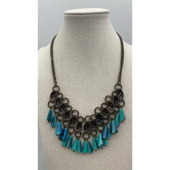 Plunder Brass This Ne And Aqua Blue Kayla Statement Necklace Signed - Picture 1 of 5